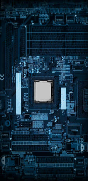 藍色調電腦主機板特寫，可見組件和CPU插槽。