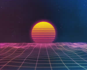 霓虹網格地板在數位賽博龐克景觀中與發光的日落相遇。
