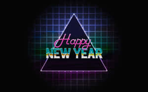 網格背景上發光三角形內的霓虹 happy new year 文字。
