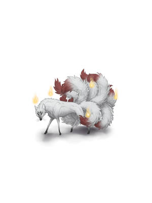 神話中的白色狐狸，有九條紅色尖端的尾巴，被漂浮的餘燼包圍。