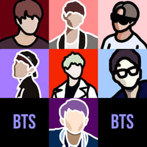 九幅BTS成員的插圖肖像，以彩色網格佈局呈現。 — 1:1 壁紙