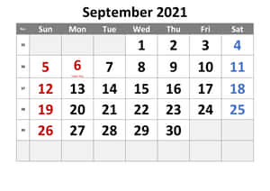 2021 年 9 月日曆，白色背景上帶有紅色和藍色的日期。