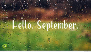 窗戶上嘅雨滴，模糊嘅綠色同啡色背景，文字 hello september