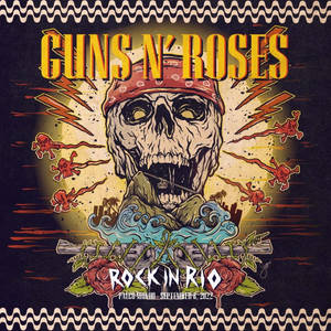 Guns N' Roses 演唱會海報， featuring 一個戴著頭巾和玫瑰的頭骨。 — 岩石 壁紙