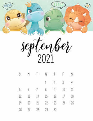 四隻微笑的卡通恐龍在2021年9月的日曆網格上方。