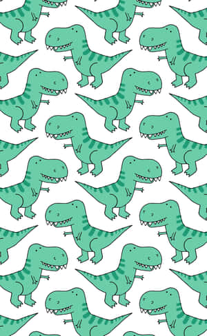青綠色卡通T-Rex恐龍在白色背景上形成重複圖案。 — Galaxy Tab S 壁紙