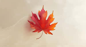 一片紅橙色楓葉漂浮在米色背景上，帶有白色縷縷