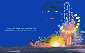 一個女人的臉，眼睛發光，淚水在藍色背景上形成色彩繽紛的抽象形狀，並帶有文字。