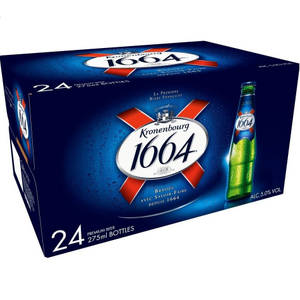 一箱24瓶Kronenbourg 1664啤酒，附有品牌標誌和酒精含量資訊。