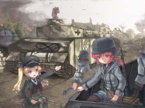 動漫士兵與坦克在燃燒的戰區中。 — 戰爭 壁紙