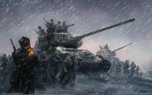 士兵和坦克在暴風雪中穿過白雪覆蓋的戰場。