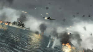 戰艦和戰鬥機在海戰中爆炸和煙霧。
