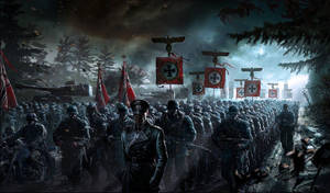 穿制服的士兵以隊形行進，坦克和旗幟伴隨，穿過黑暗森林，在暴風雨天空下。