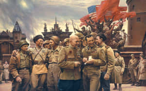 身穿制服的士兵在歷史城市環境中舉旗慶祝。 — 情侶擁抱 壁紙