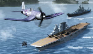 紫色二戰戰鬥機飛越海上艦隊 — 戰爭 壁紙
