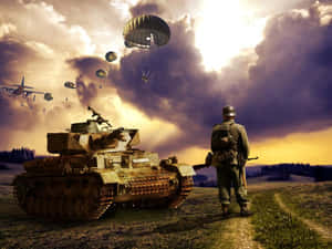 士兵與戰車，傘兵在日落時從天空降落
