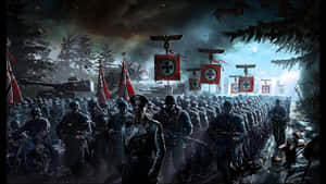 大規模納粹軍事遊行穿過森林戰場，天空風暴密佈。