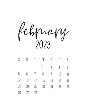 2023年2月月曆，帶有草書月份標題和簡單的網格佈局。