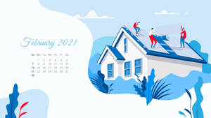工人在帶有2021年2月日曆的房屋上安裝太陽能板。