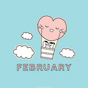 一個粉紅色心形熱氣球，上面有兩個笑臉，與「February」字樣一起漂浮在雲朵之間。