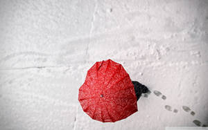雪中的紅色雨傘，腳印延伸開去。