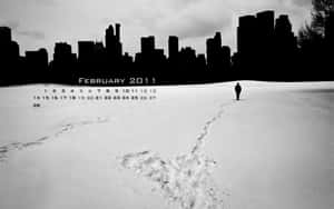 一個人在雪中獨自走向城市天際線，並帶有2011年2月的日曆。