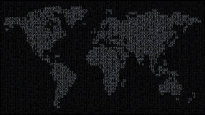 在黑暗屏幕上由二進制數字組成的世界地圖輪廓。