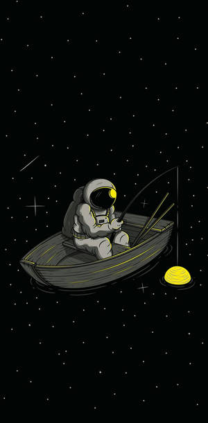 太空人在星空中用發光魚餌在船上釣魚。