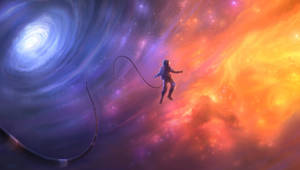 太空人在藍色螺旋星系和熾熱的橙色星雲之間漂流。