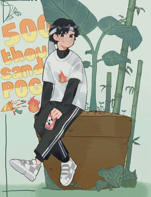 穿著休閒服的動漫女孩坐在有竹子和汽水罐的花盆上