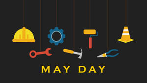 懸掛的建築圖示和工具，下方有「MAY DAY」文字。