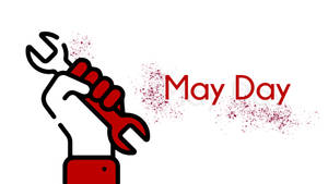 紅色插圖拳頭握著扳手，帶有 May Day 文字和飛濺效果。 — 可愛聖誕風格 壁紙