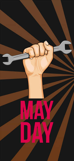 舉起的拳頭握著扳手，帶有粉紅色「MAY DAY」文字，背景放射狀。