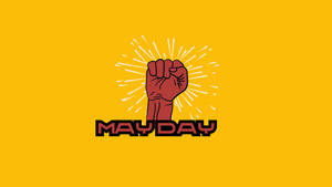 紅色舉起的拳頭帶有光線和May Day文字，黃色背景