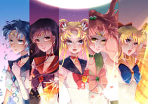 五位動畫女孩穿著水手服，在發光的月亮下帶有閃爍效果。 — 美少女戰士 壁紙