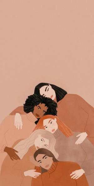 四位不同種族的女性在蜜桃色插圖中溫暖地擁抱。 — IPhone風格壁紙