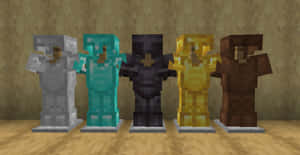五個不同顏色的 Minecraft 盔甲架放在木地板上，背景是石牆。