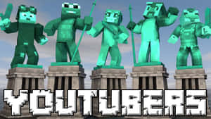 五個Minecraft喪屍雕像放在底座上，帶有「YOUTUBERS」文字。 — 最佳 Minecraft 壁紙