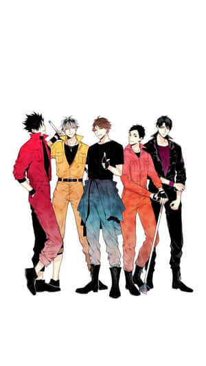 五個穿著鮮豔服裝的動漫男性一起擺姿勢。 — 排球少年 GIF 壁紙