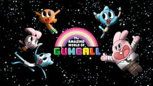 五個卡通角色漂浮在太空中的彩虹周圍並顯示標題。 — Gumball 壁紙