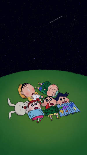 卡通小孩和兔子在夜空中觀看流星。 — 動漫風景 壁紙