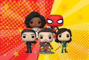 五個超級英雄 Funko Pop 人偶在漫畫風格背景上英雄地擺姿勢。 — 鐵甲奇俠標誌 壁紙