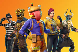 五個穿著色彩繽紛服裝的Fortnite遊戲角色動態地擺姿勢。 — 復古 壁紙
