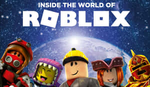五個穿著色彩繽紛服裝的 Roblox 角色在地球和星星前擺姿勢。 — 美學 Roblox 壁紙