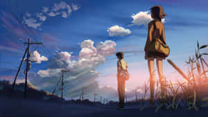 兩個動漫青少年在日落時分站在鄉村道路上，有電線和雲朵。 — 可愛動漫女仔 壁紙