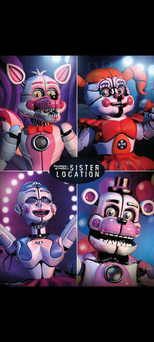 來自《Five Nights at Freddy's Sister Location》的四個兇險電子動畫角色在舞台燈光下。
