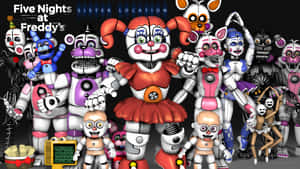 一群來自《Five Nights at Freddy's》的可怕電子動畫角色，眼睛發光。