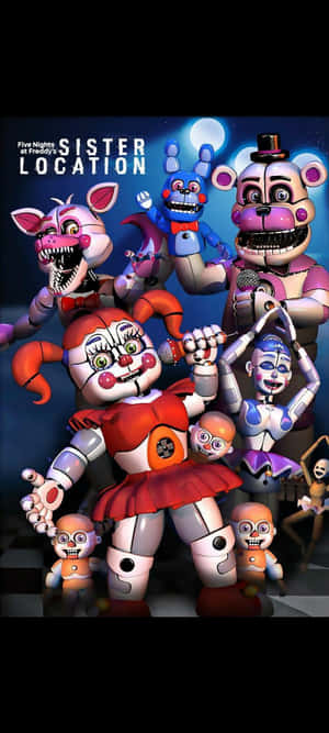 來自《Five Nights at Freddy's Sister Location》的恐怖機械人偶角色群體，在滿月下。