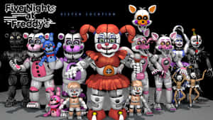 一群來自《Five Nights at Freddy's》的可怕機械動物角色一起擺姿勢。