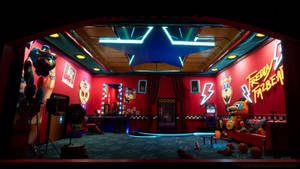 Freddy Fazbear's Pizza舞台，有動畫角色同霓虹燈。